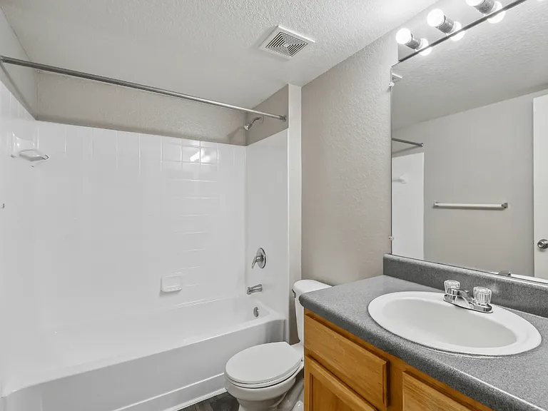 Bathroom with bathtub and shower combination, spacious vanity, and bright lighting in a 3-bedroom, 2-bath apartment at Gregory Cove in Jacksonville, FL.