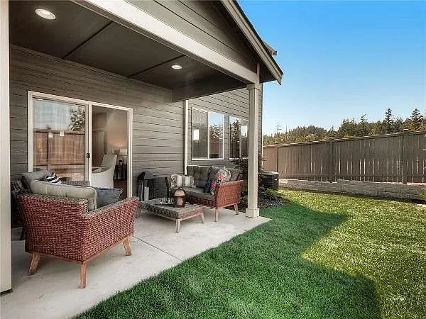 Covered patio and fenced backyard