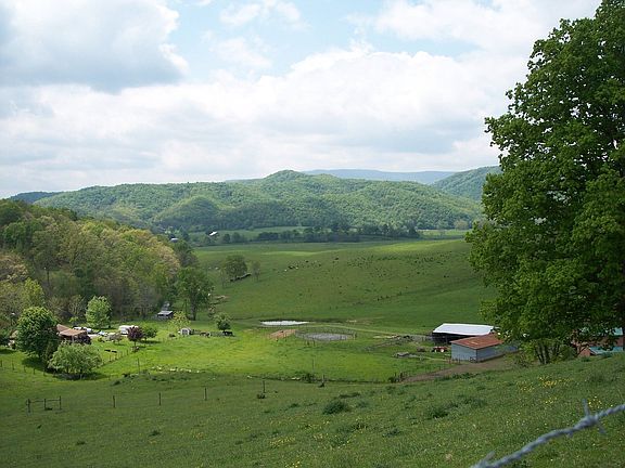View of mountains and barn