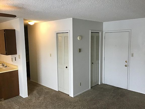 Two additional closets in the front room. The one on the left is all shelving for a pantry. The one on the right is a coat closet. The door has a peep hole as well as a deadbolt for security.
