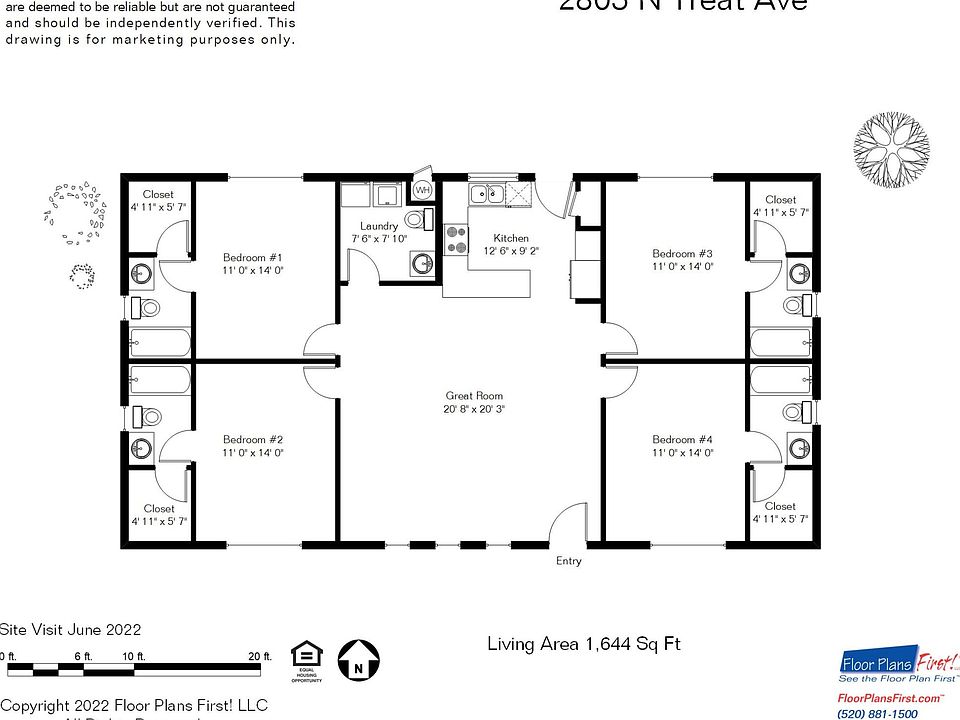 The home has a central great room surrounded by four, identical bedrooms, each with its own private, ensuite bathroom and walk-in closet. The kitchen looks out onto the great room, and there is an indoor laundry room with a 1/2 bath for guests.