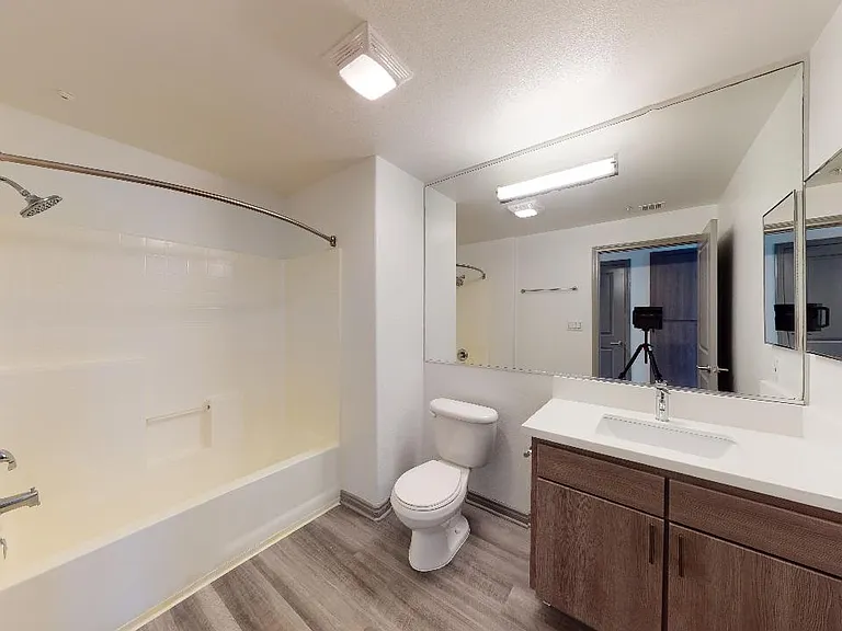 Apartment bathroom with wood-style flooring.