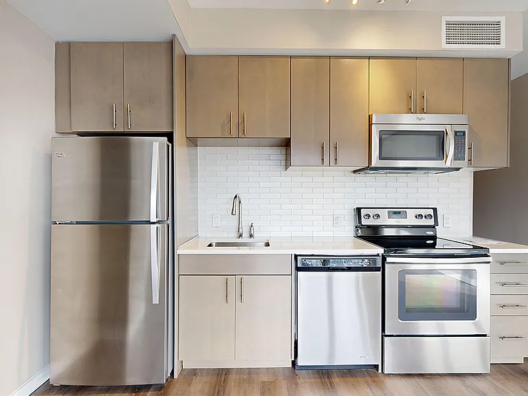 Apartment kitchen with stainless steel appliances, quartz countertops and wood-style flooring.