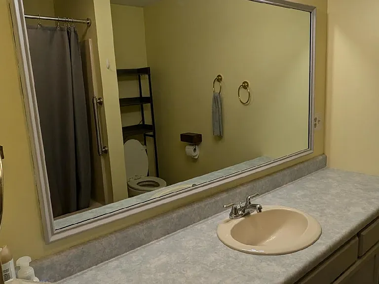 Updates to bathroom include new vinyl flooring, painted vanity, new vanity light, and framed mirror.