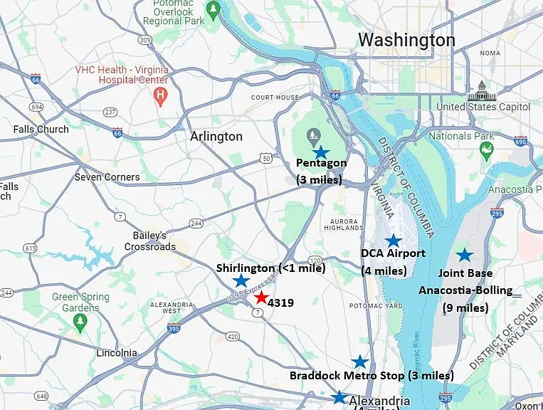 Great location for work and play. Pentagon South Parking is 5 minutes, DCA is 7 minutes, Old Town Alexandria is 10 minutes, and our favorite Shirlington is a short 15 minute walk.
