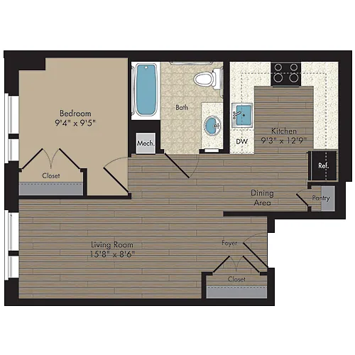 Floor plan 1 Bed/1 Bath 1.1h - 60%