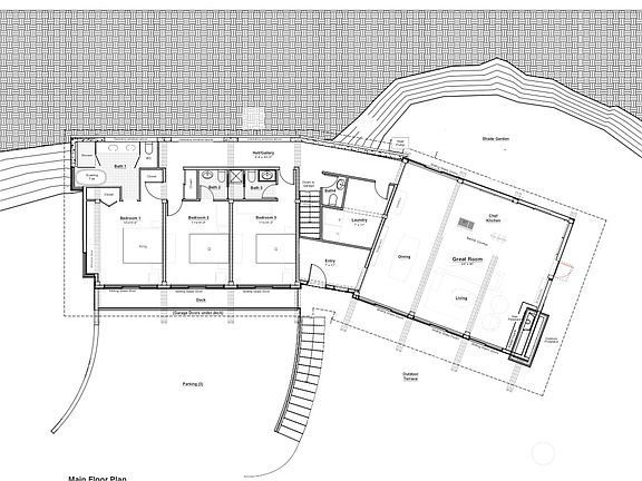 The private north wing contains a large owner bedroom with ensuite bath and 2 guest  bedrooms, each with private baths.   The design would work great for a luxury VRBO.  A larger option is also available from the owner/architect.>