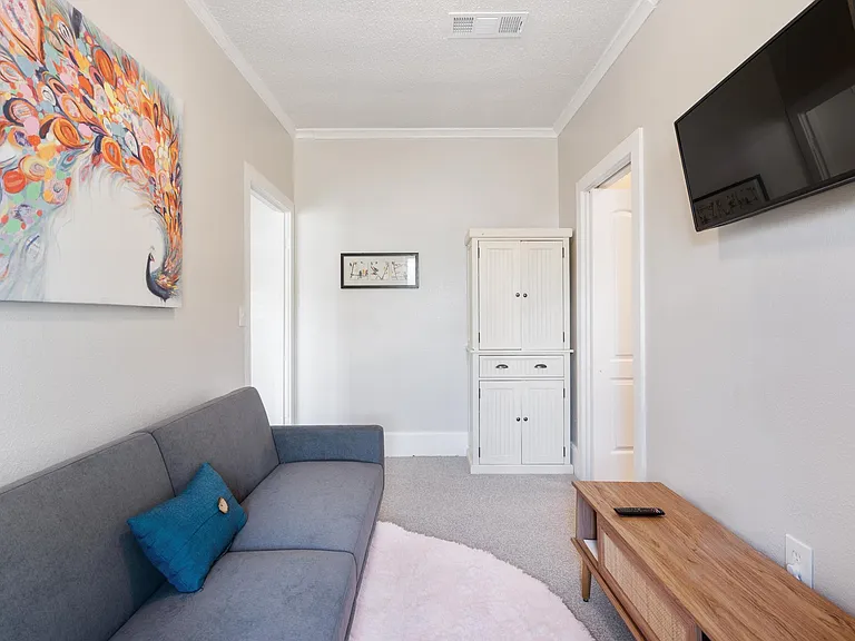 master sitting area with tv and futon plus linen closet with extra bathroom supplies