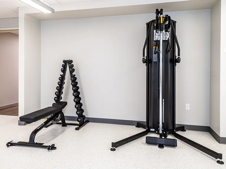 Fitness Room with treadmill, recumbent bike and stair stepper, cable and free weights, thick exercise mats, and TV.