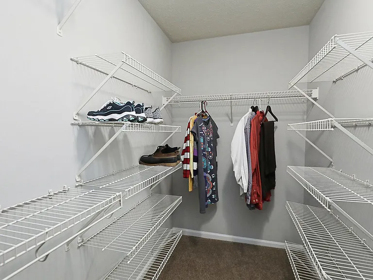 Spacious walk-in closet with plenty of shelving and storage for easy organization.
