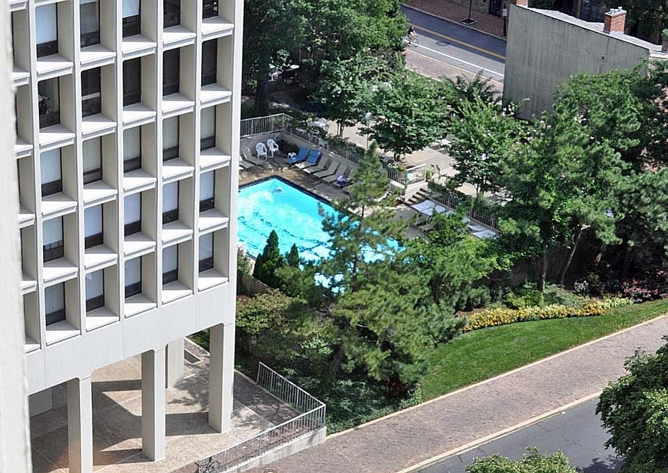 View of pool from bedroom window