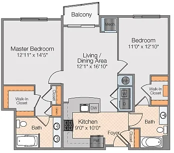 Floor plan Saturn D - 2 Bedroom 2 Bath