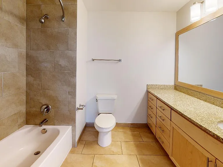 Apartment bathroom with wood-style flooring.