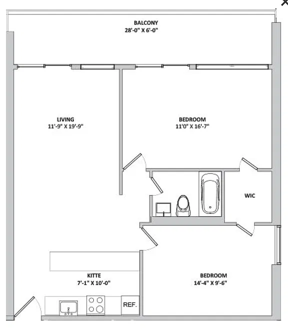 Floor plan 2 bed one bath with balcony