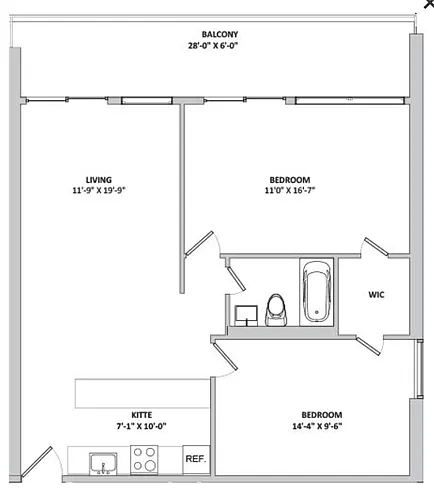Floor plan 2 bed one bath with balcony
