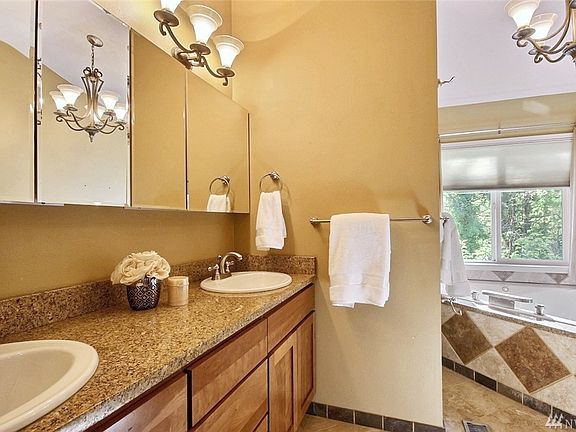 Luxurious 5 piece master bathroom with spa-like Jacuzzi tub.