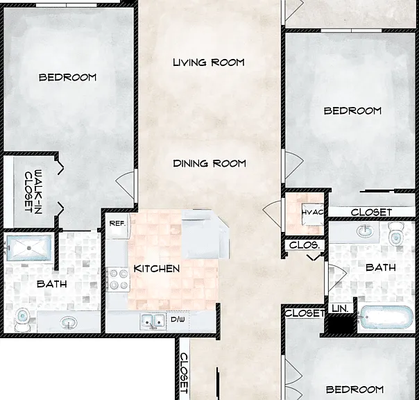 3 Bedroom 2 Bath Floorplan Diagram