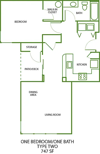 Floor plan 1x1 Bluff - 747 SF