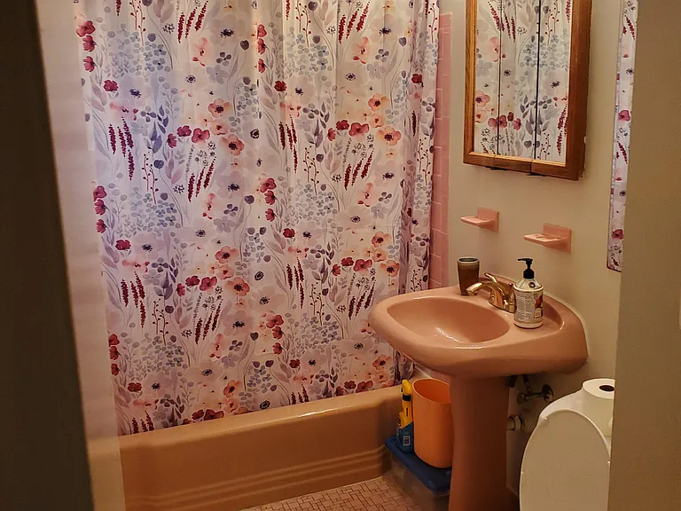 Room 2 - Private Full bathroom with tub/shower combo, vanity sink, mirrored cabinet storage, and patterned tile flooring.