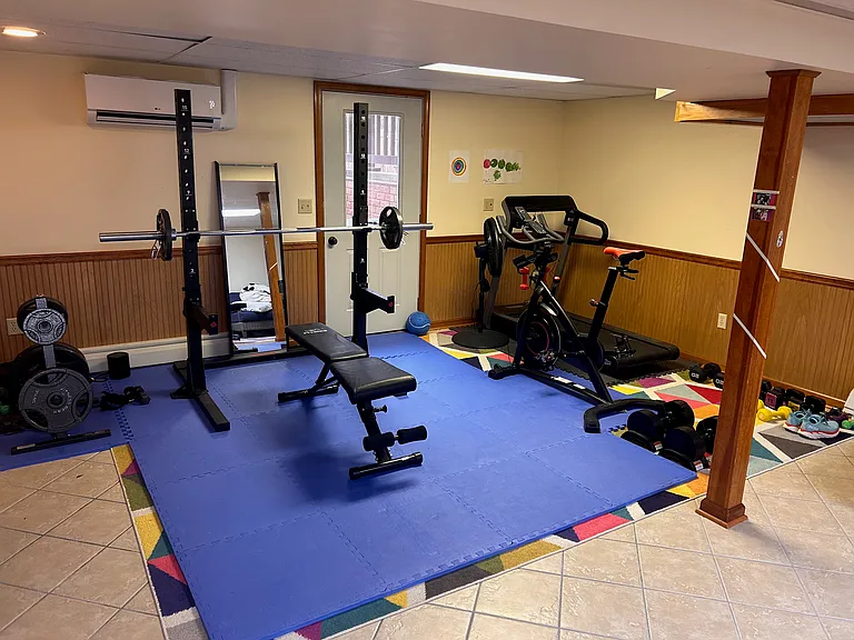 basement home gym includes 2 treadmills, exercise bike, free weights and a pull-up bar.