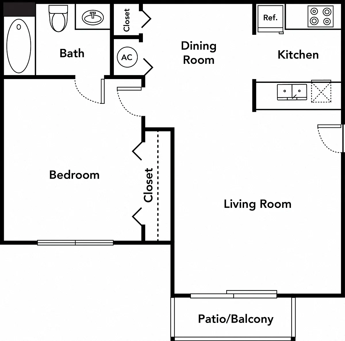 Floor plan One Bedroom One Bath 50%