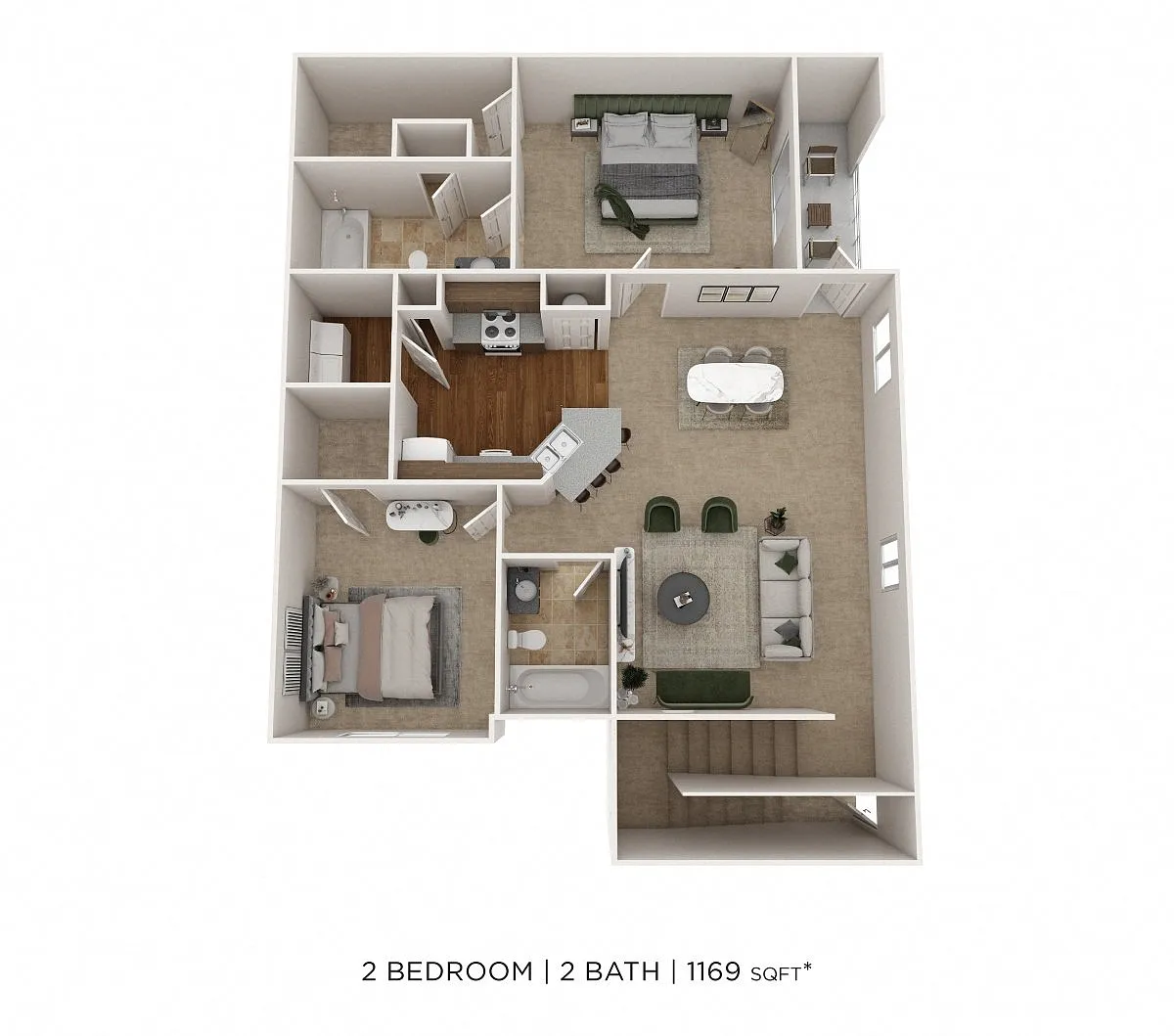 Floor plan Two Bedroom 2 Bath- Upper level w/ Garage 1169 sqf