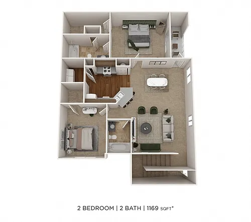 Floor plan Two Bedroom 2 Bath- Upper level w/ Garage 1169 sqf