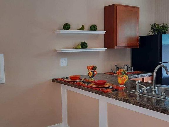 Contemporary free-floating shelves.