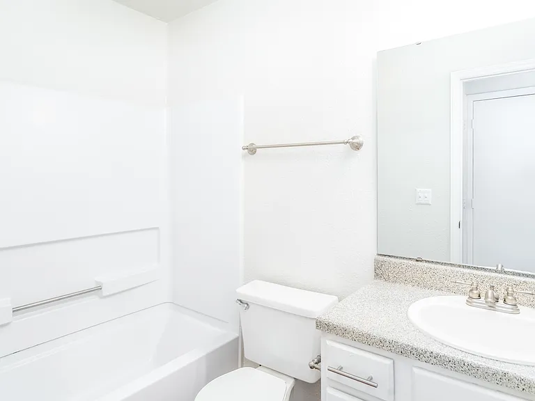 Bright Bathroom with Bathtub, Large Mirror and Granite Countertops - Gold Interior