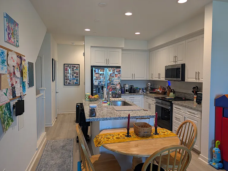 Large kitchen, space for dining table, and family room