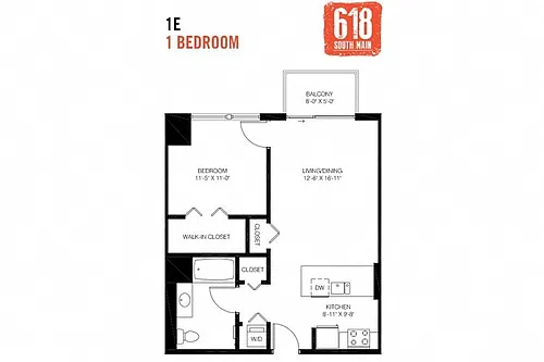 Floor plan 1 Bedroom 1 Bath 696 sq. ft.