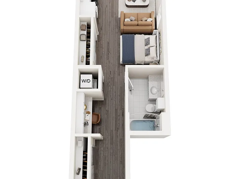 Explore the sleek layout of this modern studio apartment. Explore the sleek layout of this modern studio apartment.