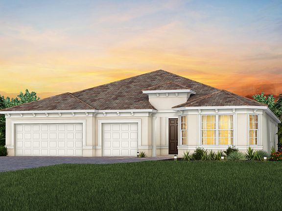 The Renown, a one-story single family home with a 3 car garage, shown as home exterior FM3