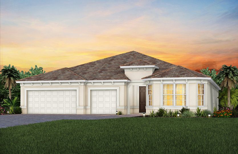 The Renown, a one-story single family home with 3 car garage.Eexterior FM3