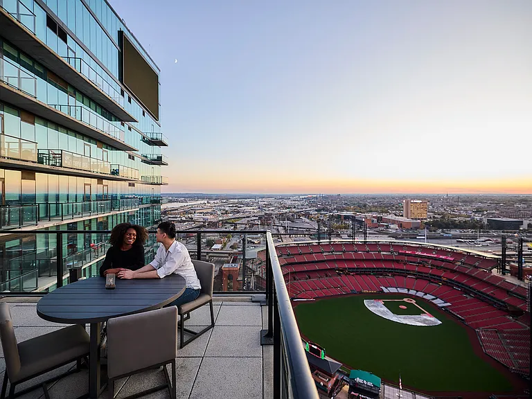 The exclusive penthouse terrace with sprawling views of St. Louis.