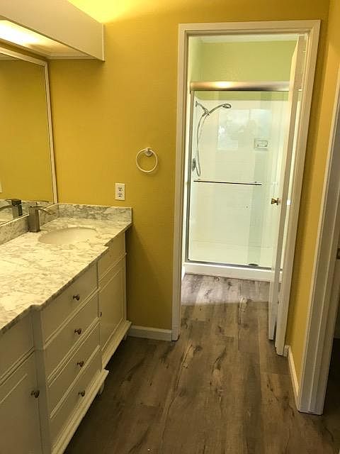 Master Bathroom with new Marble 2 sink Vanity. New high end brush nickel Friho Faucets, new shower