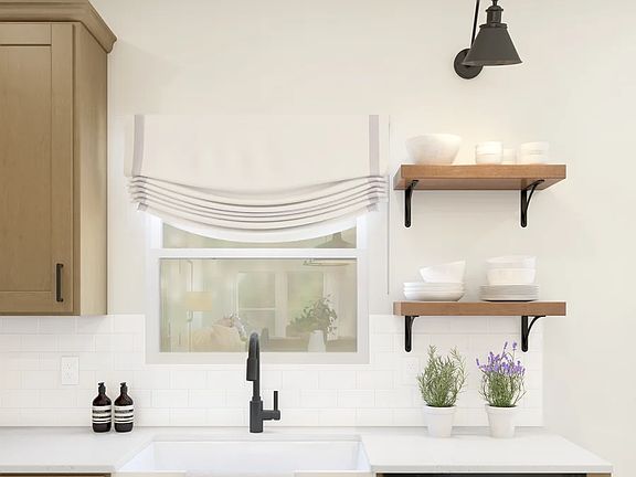 Kitchen with tile backsplash and floating shelves