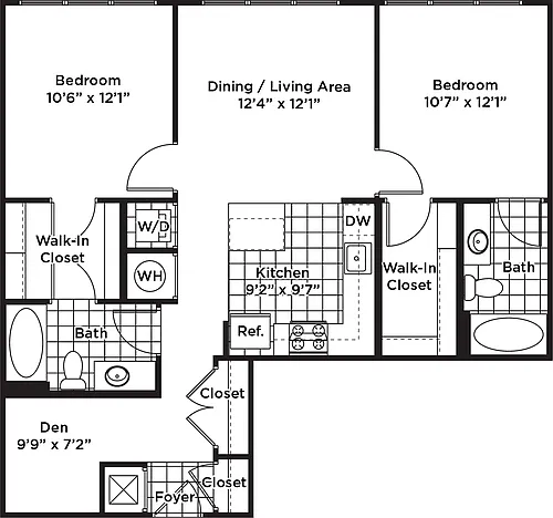 Floor plan 2 Bedroom 2 Bath + Den - BD1 Affordable 80%