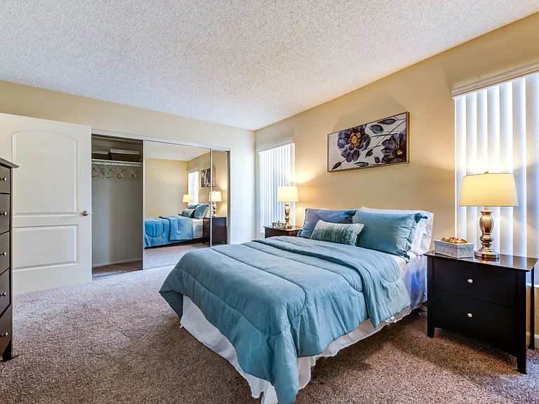 Large walking closet, mirrored closet doors, and tone of natural light