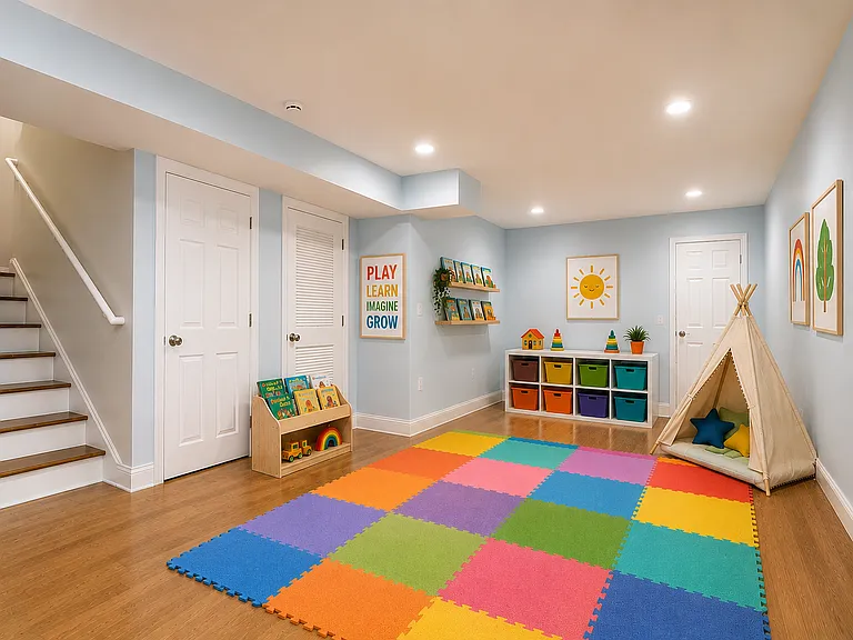 Virtually staged finished basement showcasing a fun and functional kids' play area