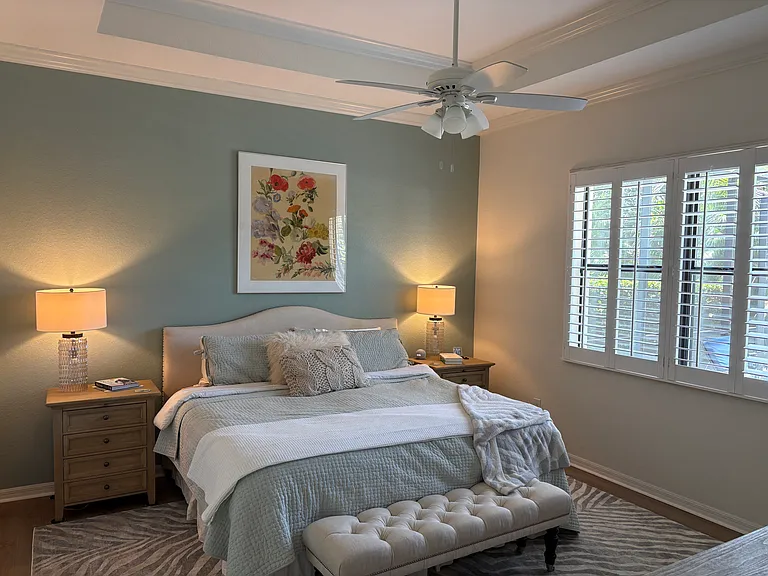 Primary bedroom, king sized bed