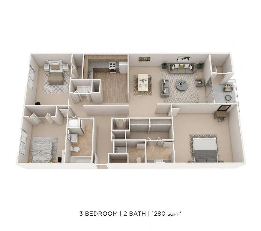 Floor plan Three Bedroom 2 Bath - 1,280 sqft