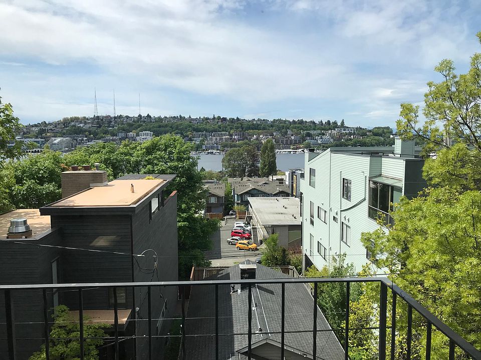 Lake Union view from balcony, living and dining area