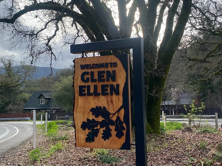 North Entrance to Glen Ellen Village Featuring a Charming, Country-Inspired Sand_Blasted "Welcome to Glen Ellen" Sign