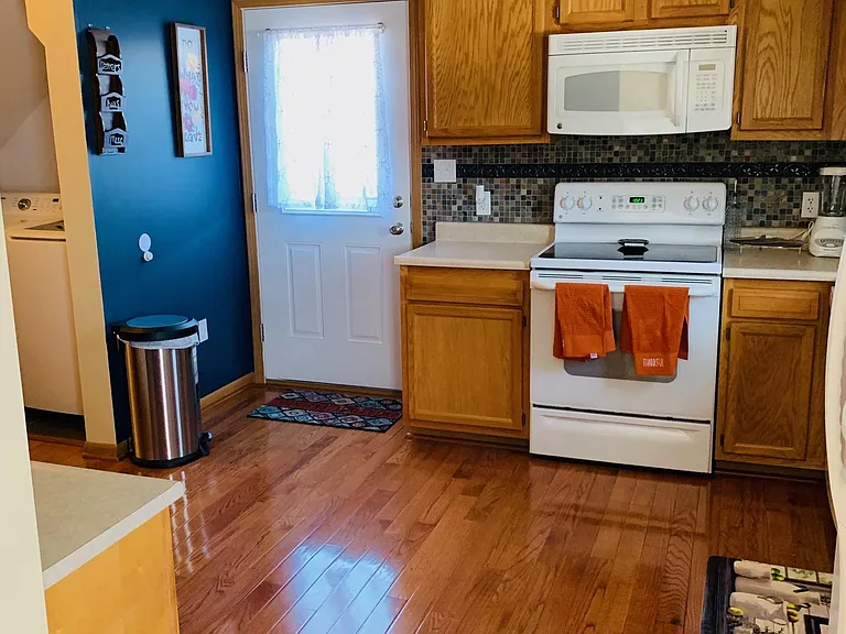 Kitchen with side door to driveway and shed