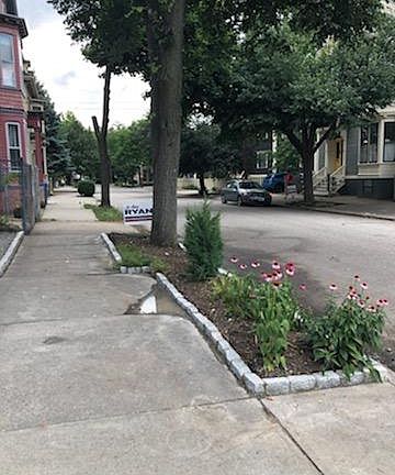 Front sidewalk with flower beds.