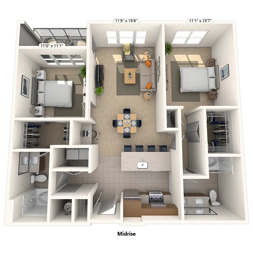 Floor plan Traditional 2x2 1088-1132 SF