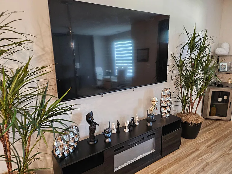 Shared living area with a wall-mounted TV, media console storage, and space for lounging and entertainment.