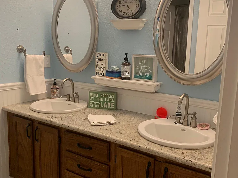 Double sink vanity in the kid/guest bath
