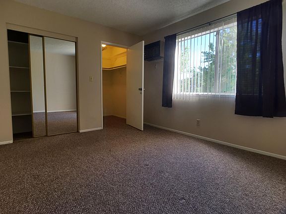 Bedroom with walk-in closet + mirror closet doors.  